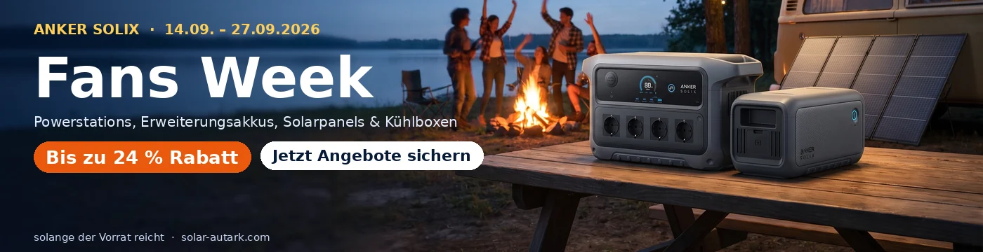 Anker SOLIX Fans Week &ndash; bis zu 24 % Rabatt auf Powerstation C2000 Gen 2, Erweiterungsakku BP2000 Gen 2, Faltpanels PS200 und PS400, Solar-Set und EverFrost-2-K&uuml;hlboxen vom 14.09. bis 27.09.2026 bei solar-autark.com