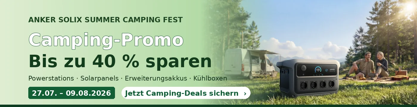 Anker SOLIX Summer Camping Fest &ndash; bis zu 40 % Rabatt auf Powerstations, Solarpanels, Erweiterungsakkus und K&uuml;hlboxen vom 27.07. bis 09.08.2026 bei solar-autark.com