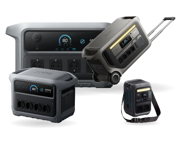 Anker SOLIX Powerstations Gen 2: C300X, C1000X Gen 2, C2000 Gen 2 und F3000 im Größenvergleich