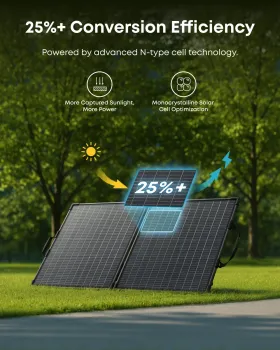 Anker PS100 Bifacial auf Wiese mit Infografik 25 Prozent Wirkungsgrad N-Typ-Solarzellen