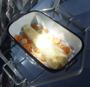 Fisch auf gemüsebeet mit Solarkocher Premium 11