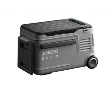 Anker SOLIX EverFrost 2 23L schräg vorne mit eingeklapptem Seitengriff und Rad