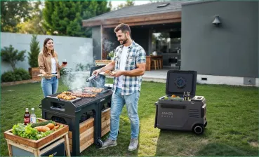 Paar grillt im Garten mit der Anker SOLIX EverFrost 2 40L Akku-Kühlbox als Getränkestation neben dem Grill