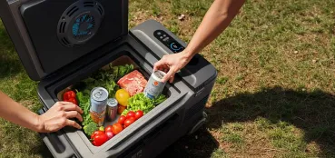 Geöffnete Anker SOLIX EverFrost 2 40L Akku-Kühlbox mit sichtbarem FrostFlow-Lüfter im Deckel, Display zeigt 0 Grad Celsius, Innenraum gefüllt mit Fleisch, Salat, Paprika und Getränkedosen