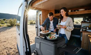 Paar nutzt Anker SOLIX EverFrost 2 40L Akku-Kühlbox mit ausgezogenem Klapptisch als Servierstation für ein Vanlife-Frühstück