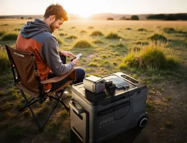 Mann lädt sein Smartphone direkt am 288 Wh LFP-Akku der Anker SOLIX EverFrost 2 40L Akku-Kühlbox — Powerbank-Funktion mit USB-C und USB-A