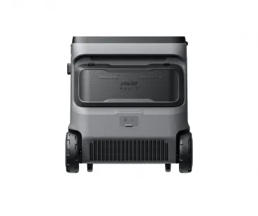 Anker SOLIX EverFrost 2 40L Akku-Kühlbox Rückansicht mit FrostFlow-Lüftungsgitter und EasyTow-Rädern