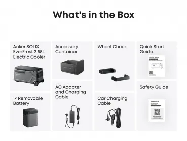 Lieferumfang der Anker SOLIX EverFrost 2 58L: Kühlbox, 288 Wh LFP-Akku, AC-Netzteil mit EU-Stecker, Kfz-Kabel, Zubehör | EverFrost 2 Lieferumfang