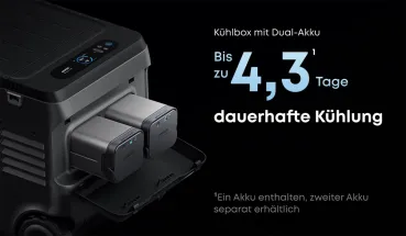 Anker SOLIX EverFrost 2 Kühlbox mit Dual-Akku-System für bis zu 4,3 Tage dauerhafte Kühlung — Hersteller-Marketinggrafik auf Deutsch