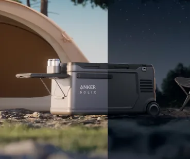Anker SOLIX EverFrost 2 Akku-Kühlbox im Tag- und Nacht-Camping-Setting — visualisiert die durchgehende Kühlleistung mit Dual-Akku-System