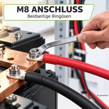 1m Batteriekabel 120mm² beidseitig M8 rot-schwarz Offgridtec – Montage der M8-Ringöse mit Schraubenschlüssel