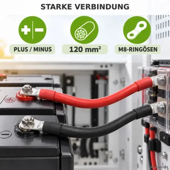 1m Batteriekabel 120mm² beidseitig M8 rot-schwarz Offgridtec an Plus- und Minuspol einer Batterie angeschlossen