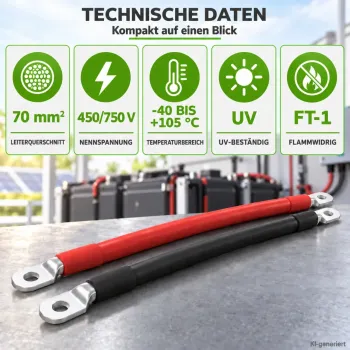 2m Batteriekabel 70mm² beidseitig M8 rot-schwarz Offgridtec – technische Daten: Nennspannung 450/750 V, -40 bis +105 °C, UV-b