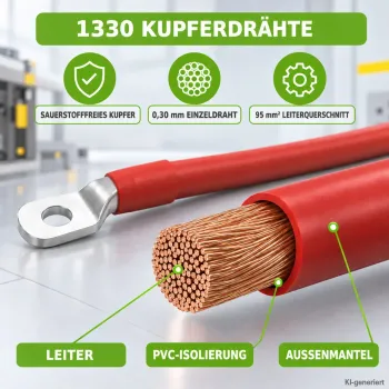 1m Batteriekabel 95mm² beidseitig M8 rot-schwarz Offgridtec – Leiteraufbau aus feindrähtigen Kupferdrähten mit PVC-Isolierung
