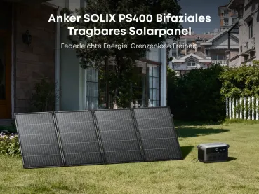 Anker SOLIX PS400 bifaziales Solarpanel lädt Powerstation im Garten