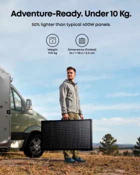 Anker SOLIX PS400 tragbar 10 kg Mann traegt Panel vor Wohnmobil | PS400 – tragbar nur 10 kg