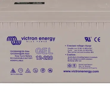 Typenschild der Victron Gel 12-220 mit Lade- und Sicherheitshinweisen