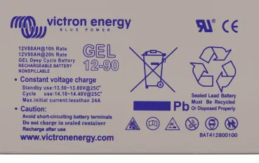 Typenschild der Victron Gel 12-90 mit Lade- und Sicherheitshinweisen