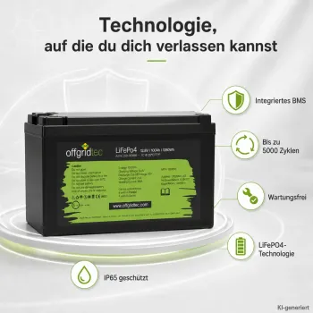LiFePO4 Akku 12V 100Ah Uebersicht der Produktmerkmale BMS IP-Schutz und Zyklenzahl