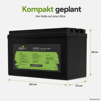 LiFePO4 Akku 12V 100Ah Abmessungen 329 x 172 x 220 mm als Massskizze