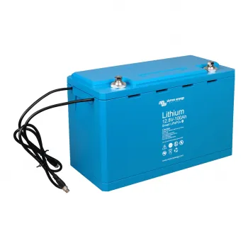 Victron Smart LiFePO4 Akku 12,8V 100Ah Schraegansicht rechts mit Anschlusskabel