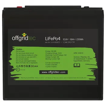 LiFePO4 Akku 12V 18Ah Frontalansicht mit Typenschild und technischen Daten