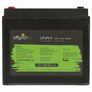 LiFePO4 Akku 12V 30Ah Frontalansicht mit Typenschild und technischen Daten