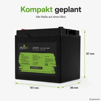 LiFePO4 Akku 12V 30Ah Abmessungen 194 x 132 x 170 mm als Massskizze