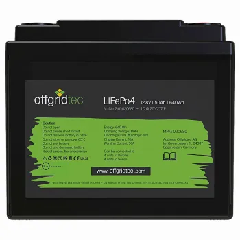 LiFePO4 Akku 12V 50Ah Frontalansicht mit Typenschild und technischen Daten