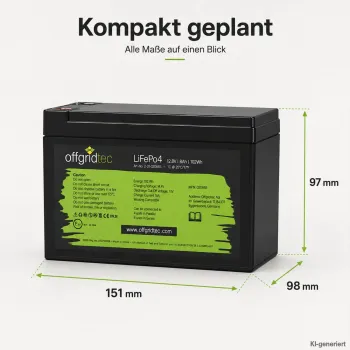 LiFePO4 Akku 12V 8Ah Abmessungen 151 x 98 x 97 mm als Massskizze