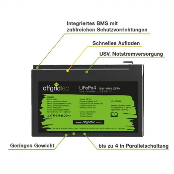 LiFePO4 Akku 12V 8Ah mit beschrifteten Merkmalen BMS Gewicht Parallelschaltung