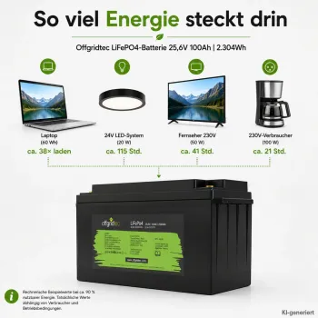 LiFePO4 Akku 24V 100Ah Laufzeitbeispiele fuer Laptop Beleuchtung und 230-V-Verbraucher