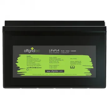 LiFePO4 Akku 24V 50Ah Frontalansicht mit Typenschild und technischen Daten