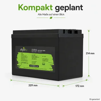 LiFePO4 Akku 24V 50Ah Abmessungen 329 x 172 x 214 mm als Massskizze