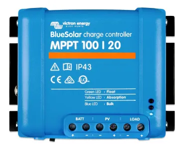 20A MPPT Laderegler Victron BlueSolar 100/20 Frontansicht mit Batterie-, PV- und Lastklemmen