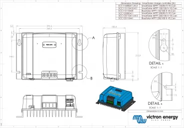 Masszeichnung Victron BlueSolar MPPT 250/100-Tr VE.Can mit 216 x 295 x 103 mm