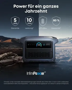 Anker SOLIX C1000X Gen 2: 5 Jahre Garantie, 10 Jahre Lebensdauer, 80 Prozent Restkapazitaet