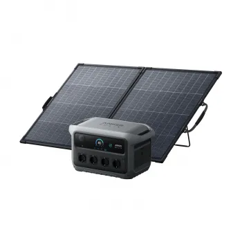 Anker SOLIX C2000 Gen 2 Bundle mit PS200 Bifacial Solarpanel 200W dahinter aufgestellt