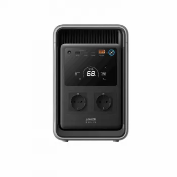 Anker SOLIX S2000 Frontansicht mit Display, USB-Ports und zwei Schuko-Steckdosen