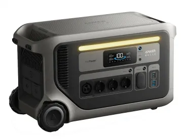 Anker SOLIX F3000 schräg von vorne mit Anschlüssen und EasyTow-Trolley