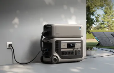 Anker SOLIX F3000 Powerstation mit einem BP3000 Erweiterungsakku gestapelt, an Steckdose und Solarmodul