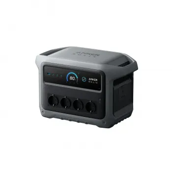 Solargenerator Set 1024Wh: Anker SOLIX C1000X Gen 2 Powerstation frontal mit Display und vier Schuko-Steckdosen