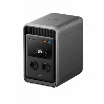 Anker SOLIX S2000 Powerstation schräg von vorne mit Display und Schuko-Steckdosen