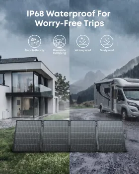 PS400 Solarpanel mit IP68-Schutz im Regen an Haus und Wohnmobil
