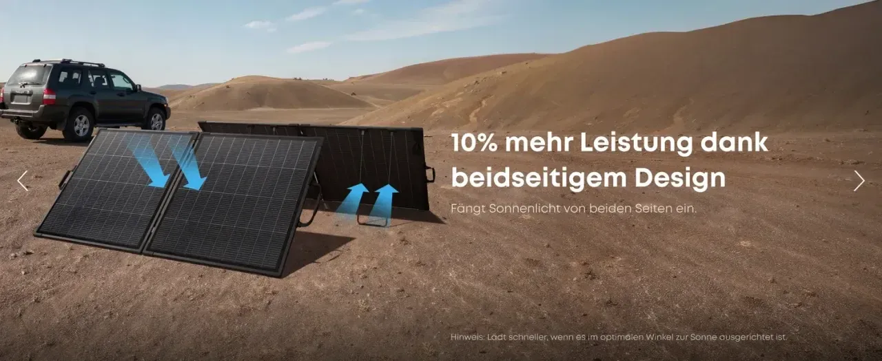 Zwei Anker PS100 Bifacial Panels in Wuestenlandschaft beidseitige Solarabsorption