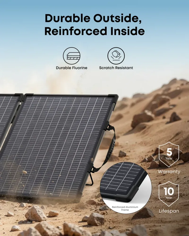 Anker PS100 Bifacial in Sandlandschaft Alurahmen-Detail 5 Jahre Garantie 10 Jahre Lebensdauer