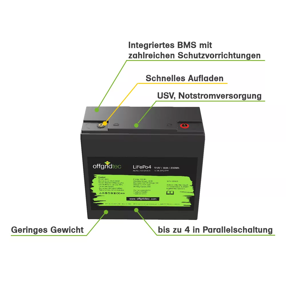 LiFePO4 Akku 12V 18Ah - Lithium Eisenphosphat Batterie 224Wh mit BMS LiFePO4 Akku 12V 18Ah - Lithium Eisenphosphat Batterie 224Wh mit BMS