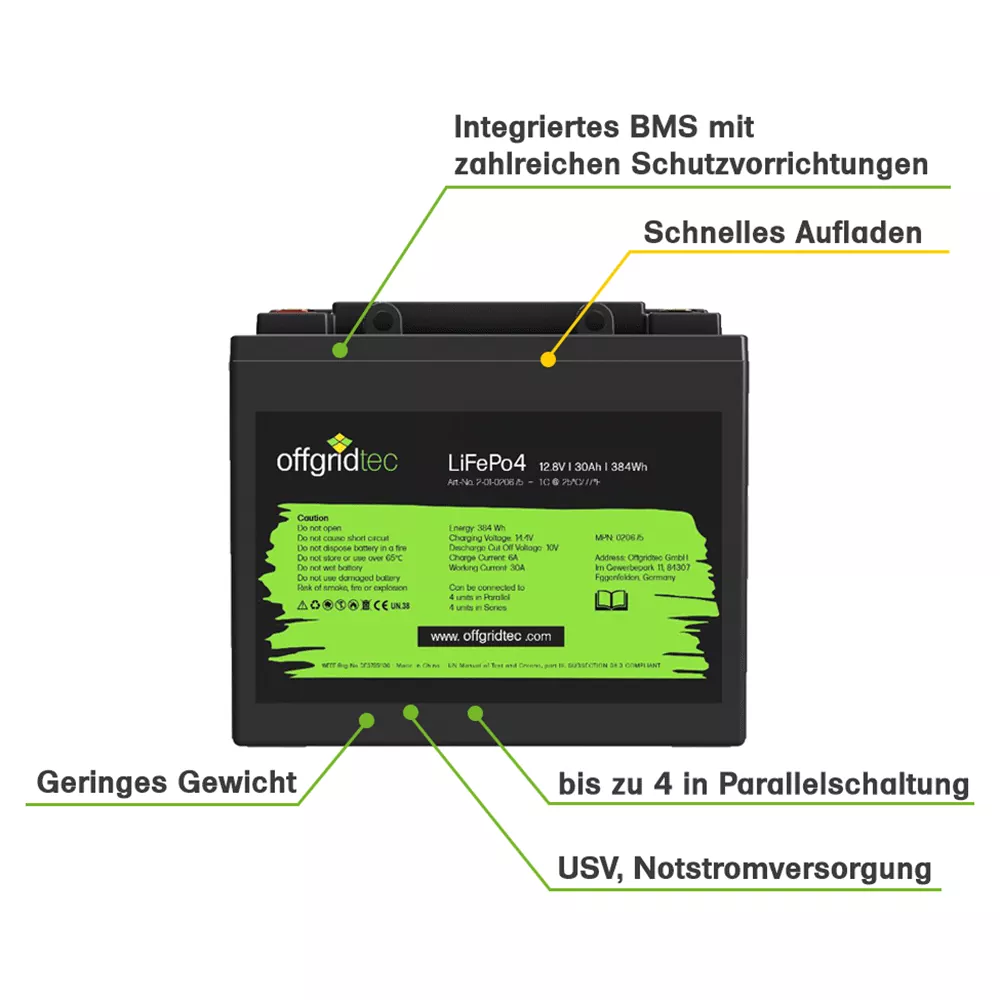 LiFePO4 Akku 12V 30Ah Lithium Eisenphosphat Batterie 384Wh mit BMS LiFePO4 Akku 12V 30Ah Lithium Eisenphosphat Batterie 384Wh mit BMS