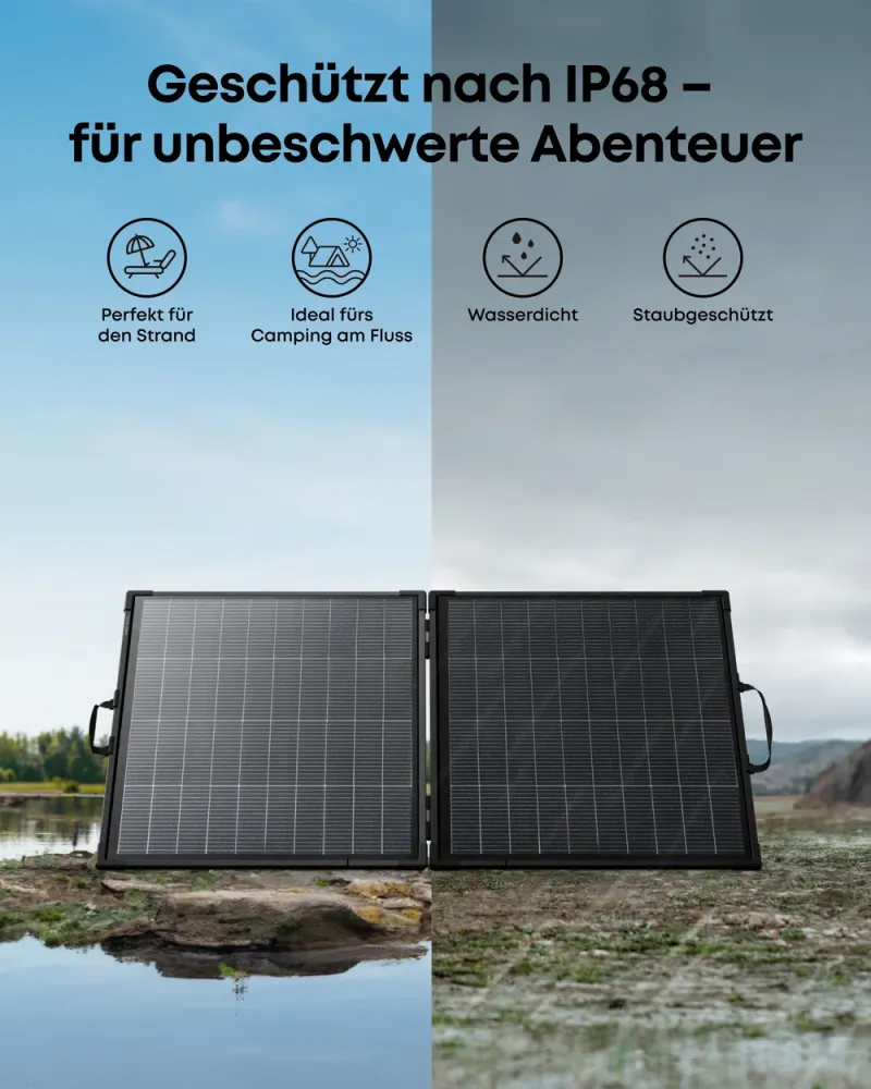 Anker PS200 Bifacial in Sandlandschaft Alurahmen-Detail 5 Jahre Garantie 10 Jahre Lebensdauer