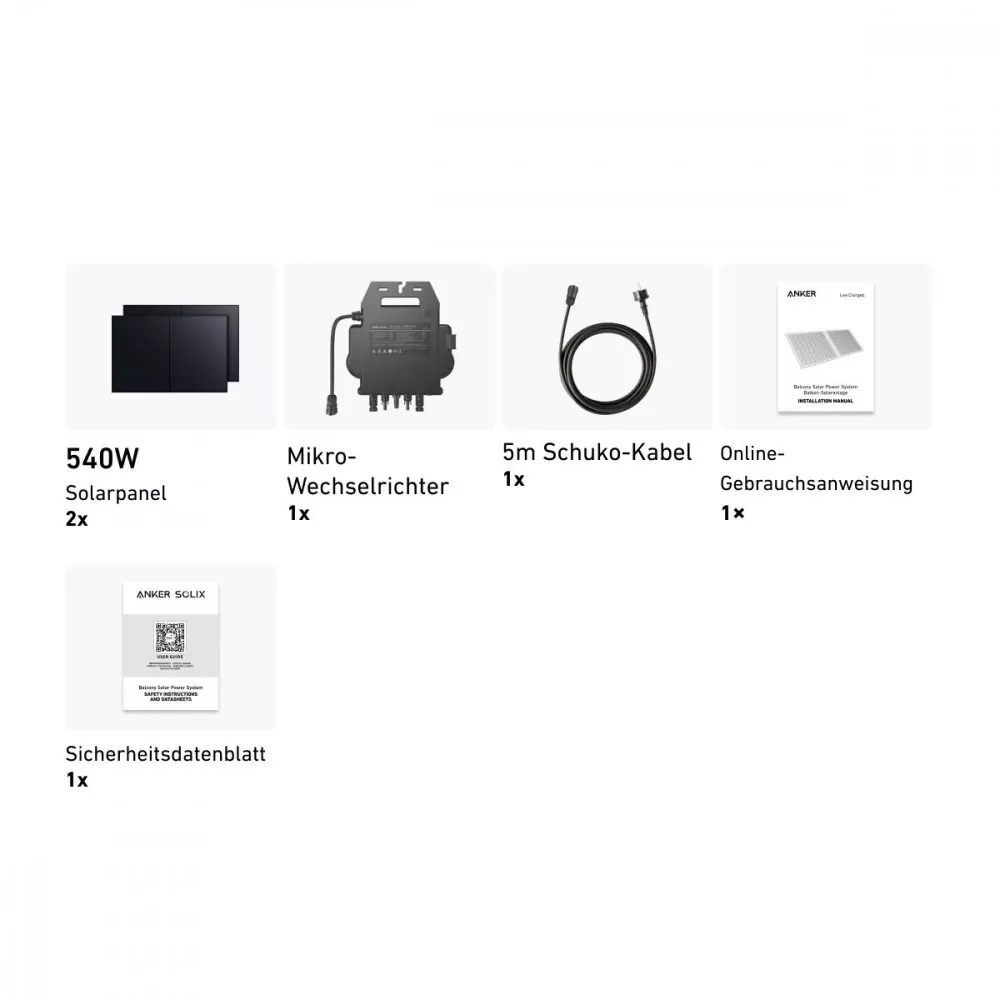 1080W Anker Solix Balkonkraftwerk 2x 540W RS50B, MI80 Wechselrichter, 5m Schuko-Kabel 1080W Anker Solix Balkonkraftwerk 2x 540W RS50B, MI80 Wechselrichter, 5m Schuko-Kabel